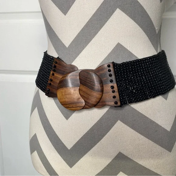 Vintage Handmade Wooden Buckle Beaded Belt - Picture 2 of 8